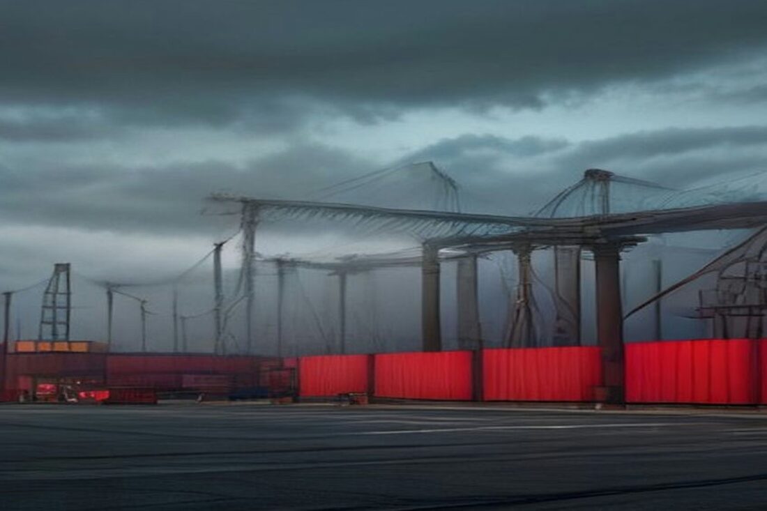 Patio industrial portuario con grúas, estructuras metálicas y contenedores rojos bajo un cielo nublado, sin personas ni texto