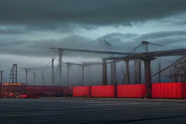 Patio industrial portuario con grúas, estructuras metálicas y contenedores rojos bajo un cielo nublado, sin personas ni texto