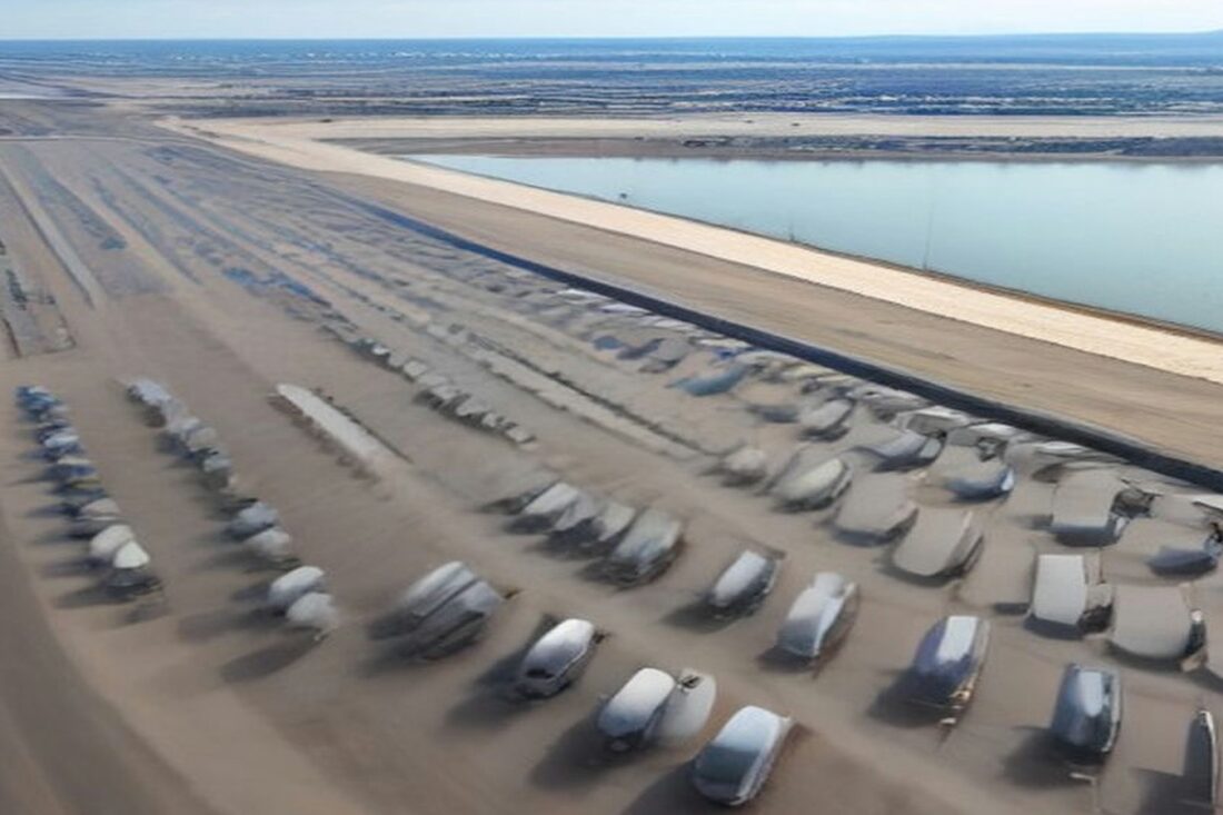 Vista aérea de un enorme patio con cientos de autos nuevos estacionados en filas junto a un cuerpo de agua en un día soleado