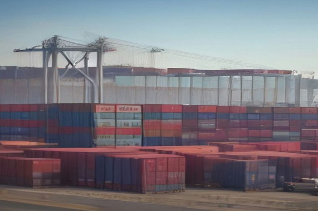 Patio portuario con largas pilas de contenedores de carga rojos y azules y una grúa de muelle al fondo bajo un cielo despejado