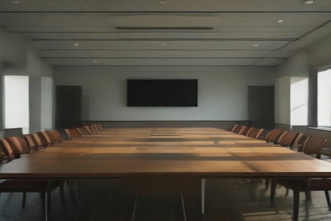 Sala de reuniones vacía con una larga mesa de madera, sillas a los lados, ventanales y una pantalla apagada al fondo