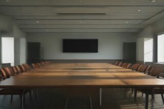 Sala de reuniones vacía con una larga mesa de madera, sillas a los lados, ventanales y una pantalla apagada al fondo