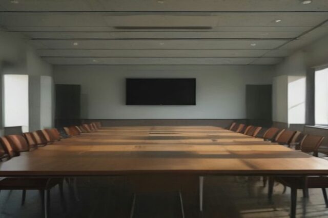 Sala de reuniones vacía con una larga mesa de madera, sillas a los lados, ventanales y una pantalla apagada al fondo
