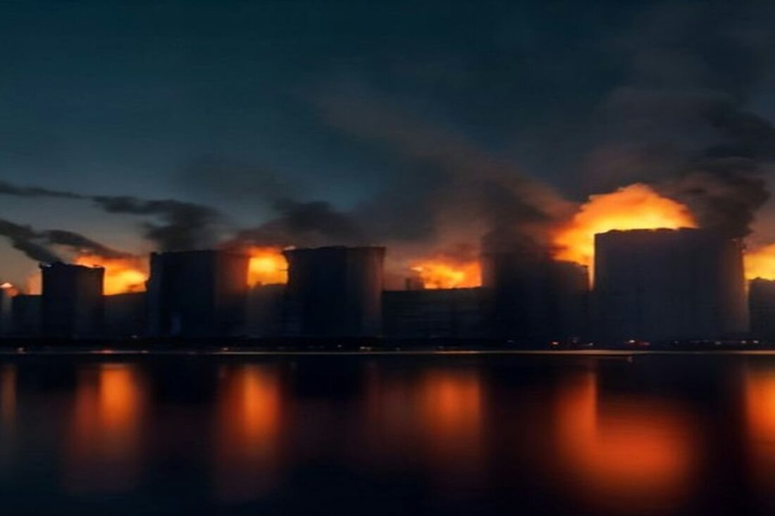 Terminal de almacenamiento de petróleo en llamas de noche junto a un puerto, con columnas de humo negro sobre los tanques y reflejos naranjas en el agua, sin personas ni texto