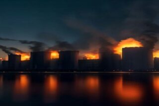 Terminal de almacenamiento de petróleo en llamas de noche junto a un puerto, con columnas de humo negro sobre los tanques y reflejos naranjas en el agua, sin personas ni texto