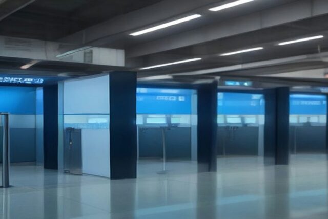 Fila de cabinas de control migratorio con paneles de cristal azul y piso reflectante en sala vacía, sin personas ni texto