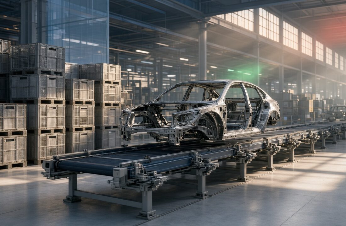 Línea de ensamble automotriz con chasis metálico sobre banda transportadora y cajas de autopartes, sin personas ni logos, alusivo al decreto de arancel