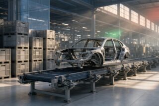 Línea de ensamble automotriz con chasis metálico sobre banda transportadora y cajas de autopartes, sin personas ni logos, alusivo al decreto de arancel