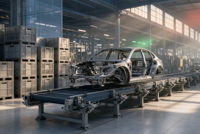 Línea de ensamble automotriz con chasis metálico sobre banda transportadora y cajas de autopartes, sin personas ni logos, alusivo al decreto de arancel