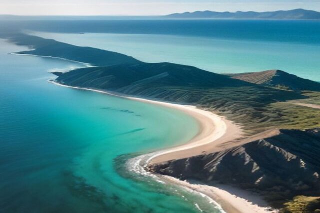Vista aérea de una bahía de agua turquesa con playa de arena y lomas costeras bajo cielo despejado