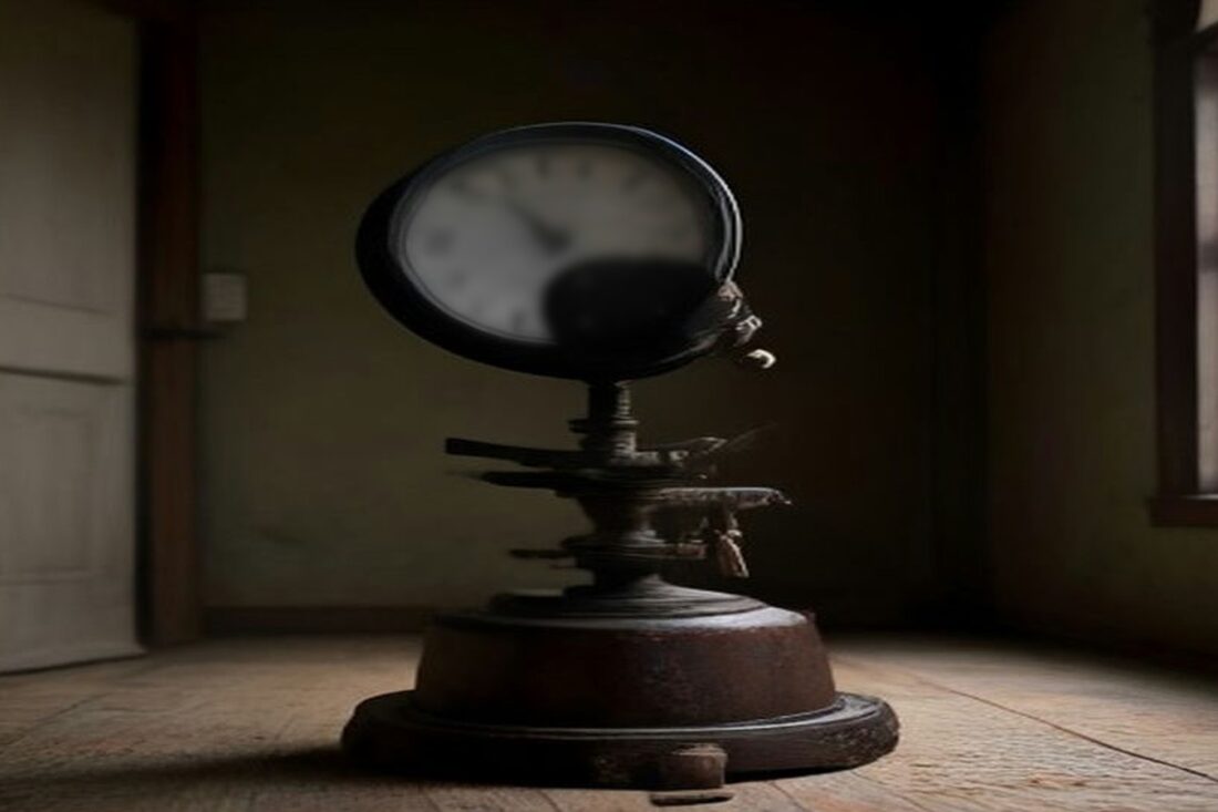 Báscula antigua de hierro con indicador redondo sobre un pedestal, en un cuarto vacío con piso de duela y luz de ventana