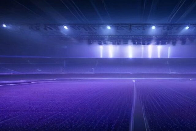 Estadio vacío de noche con filas de butacas iluminadas en tonos violeta y una estructura de reflectores que proyecta haces de luz blanca y azul, alusivo a los boletos de U2 para el 2 de marzo