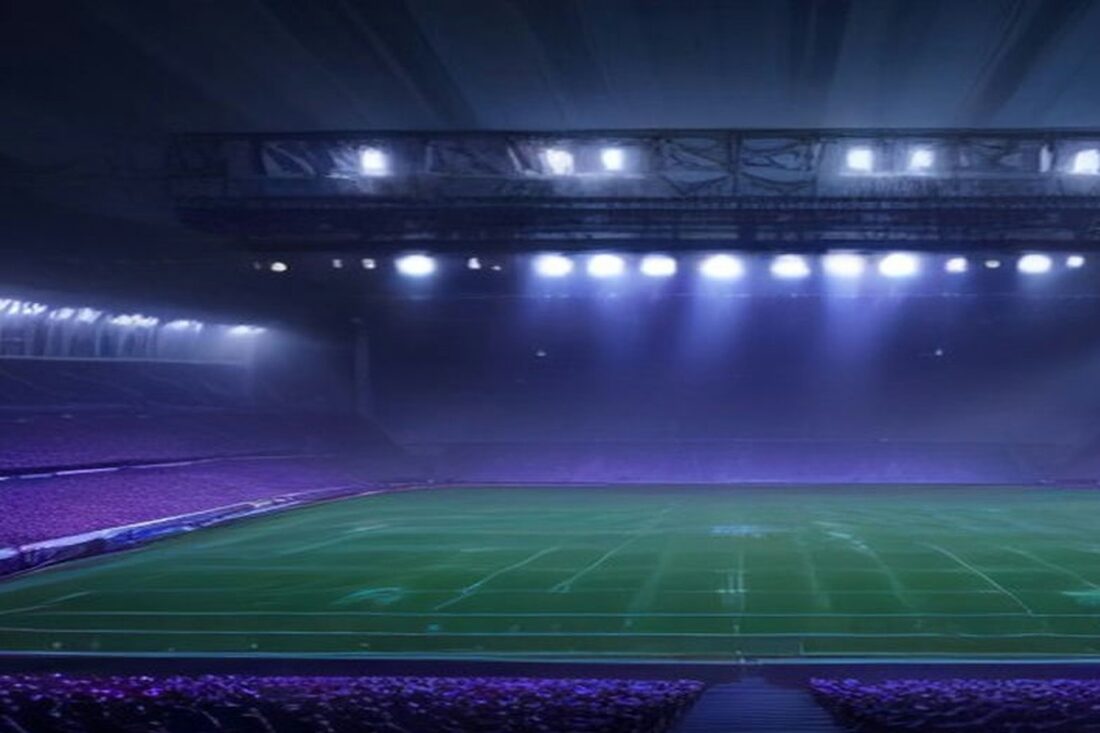 Estadio vacío de noche con reflectores encendidos, bruma iluminada en tonos violeta sobre las gradas y la cancha verde, alusivo a la venta de boletos de U2 en México