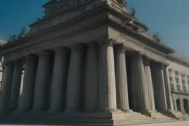 Fachada de edificio de gobierno de piedra gris con columnas y plaza vacía al atardecer en la Ciudad de México, sin personas