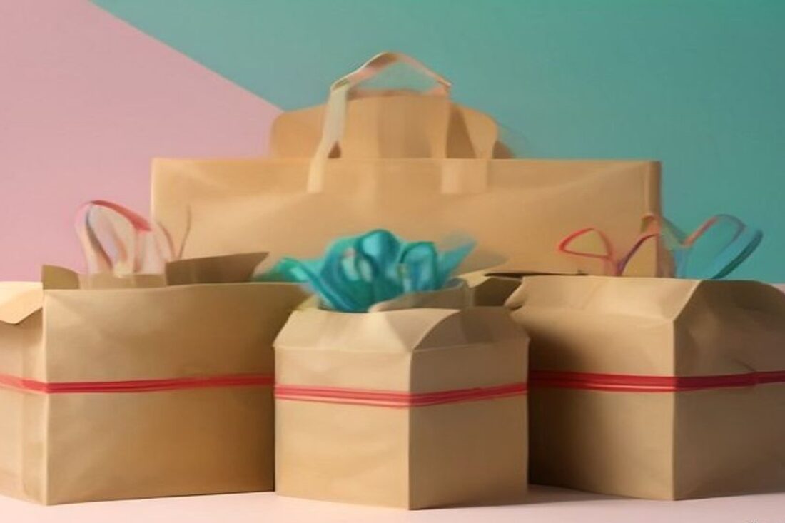 Bolsas de papel kraft para compras y cajas de regalo con listones turquesa y coral sobre un fondo rosa y verde agua, alusivas a las ofertas del Buen Fin 2026