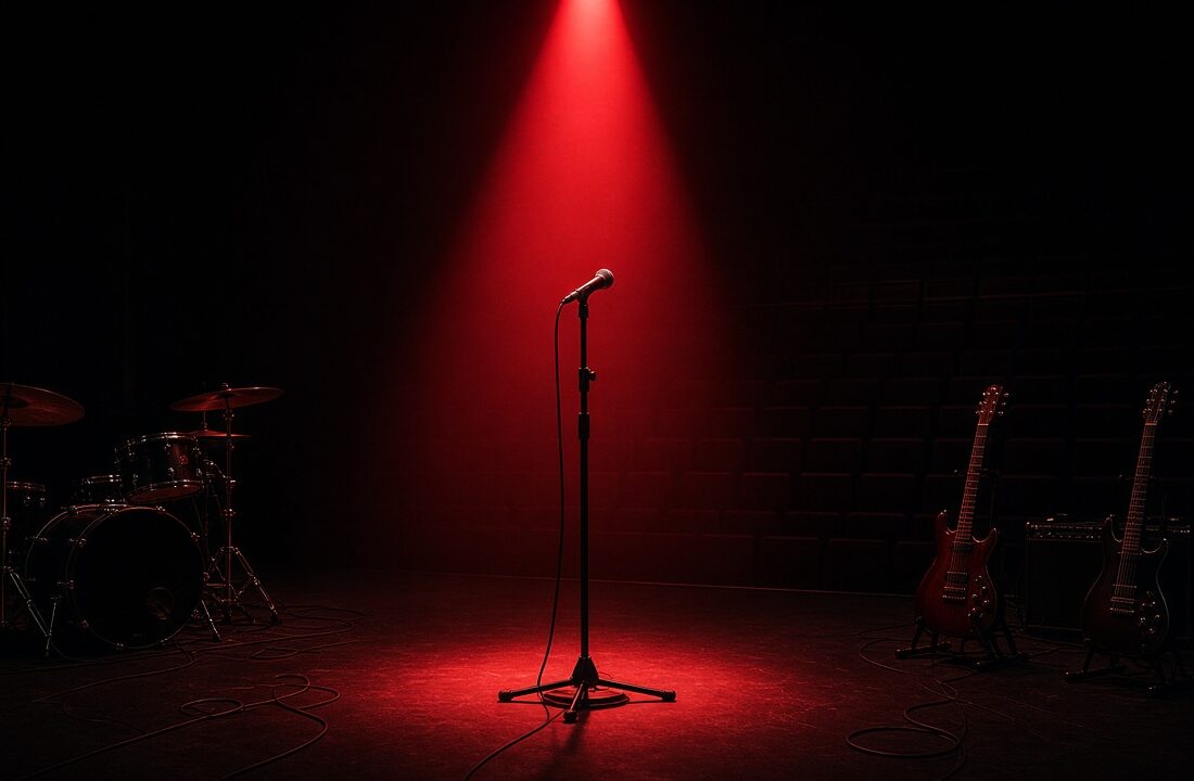 Escenario vacío de gran auditorio a oscuras con haz de luz roja y micrófono en pedestal, sin personas