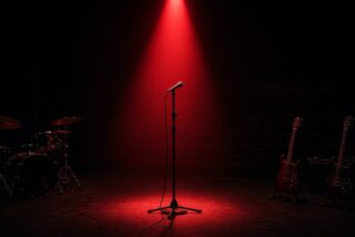 Escenario vacío de gran auditorio a oscuras con haz de luz roja y micrófono en pedestal, sin personas
