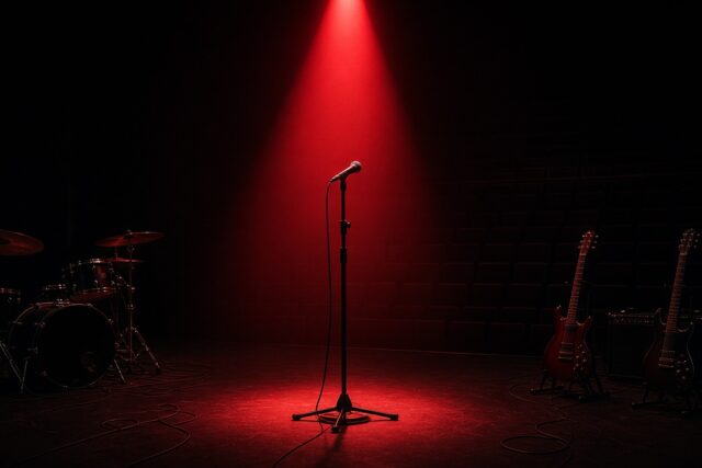 Escenario vacío de gran auditorio a oscuras con haz de luz roja y micrófono en pedestal, sin personas