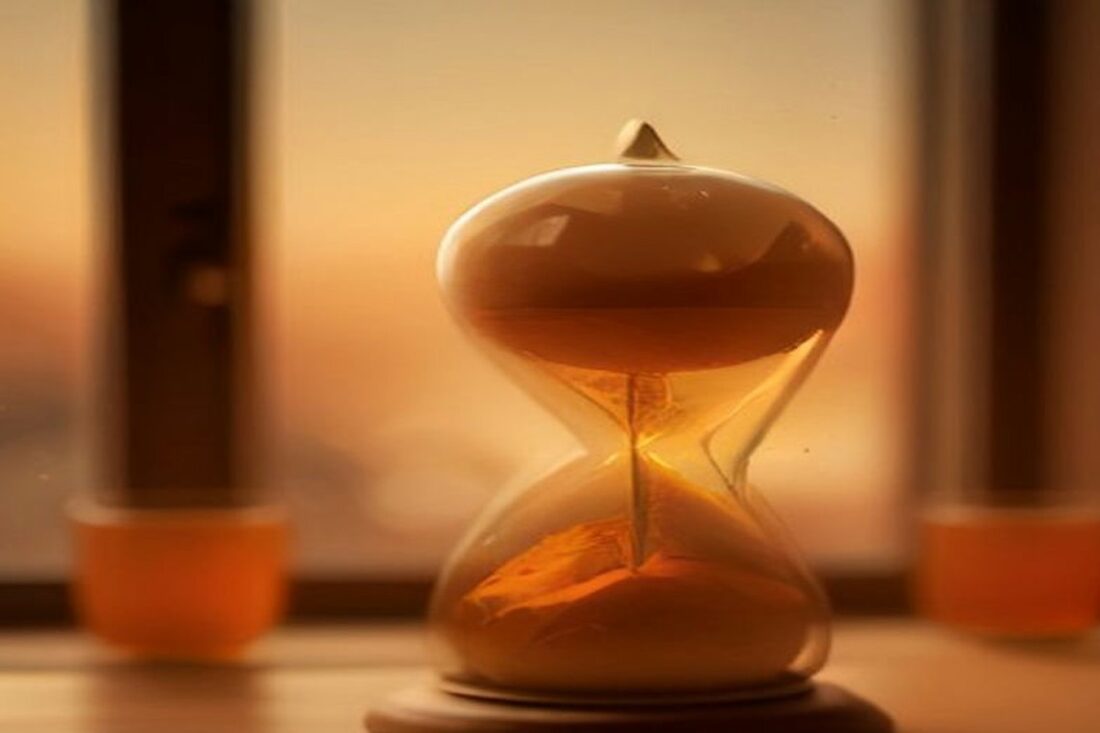 Reloj de arena de vidrio con arena dorada sobre el alféizar de una ventana con el cielo del atardecer desenfocado al fondo, alusivo al cambio de horario en Estados Unidos 2026