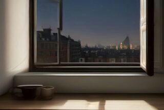 Ventana abierta con vista a tejados y edificios de una ciudad europea al anochecer, con una taza de café sobre una repisa de madera iluminada por luz cálida, alusiva al cambio de horario en Europa