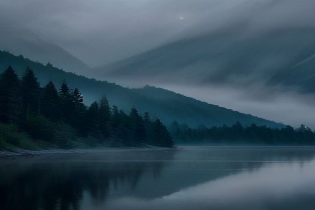Lago rodeado de montañas cubiertas de pinos y niebla al amanecer, con el agua en calma reflejando el bosque, alusivo a la detención de El Cara de Cochi en Valle de Bravo