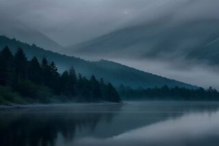 Lago rodeado de montañas cubiertas de pinos y niebla al amanecer, con el agua en calma reflejando el bosque, alusivo a la detención de El Cara de Cochi en Valle de Bravo