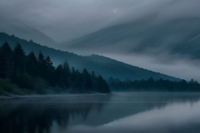 Lago rodeado de montañas cubiertas de pinos y niebla al amanecer, con el agua en calma reflejando el bosque, alusivo a la detención de El Cara de Cochi en Valle de Bravo