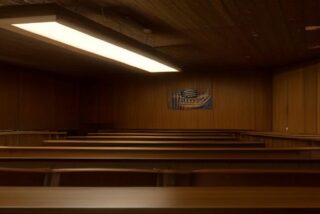 Sala de tribunal vacía con bancas de madera oscura e iluminación cálida en el techo, sin banderas legibles ni personas