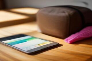 Teléfono celular sobre una mesa de madera junto a una mochila escolar y un estuche rosa, con luz cálida de la tarde