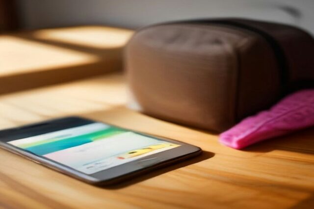 Teléfono celular sobre una mesa de madera junto a una mochila escolar y un estuche rosa, con luz cálida de la tarde