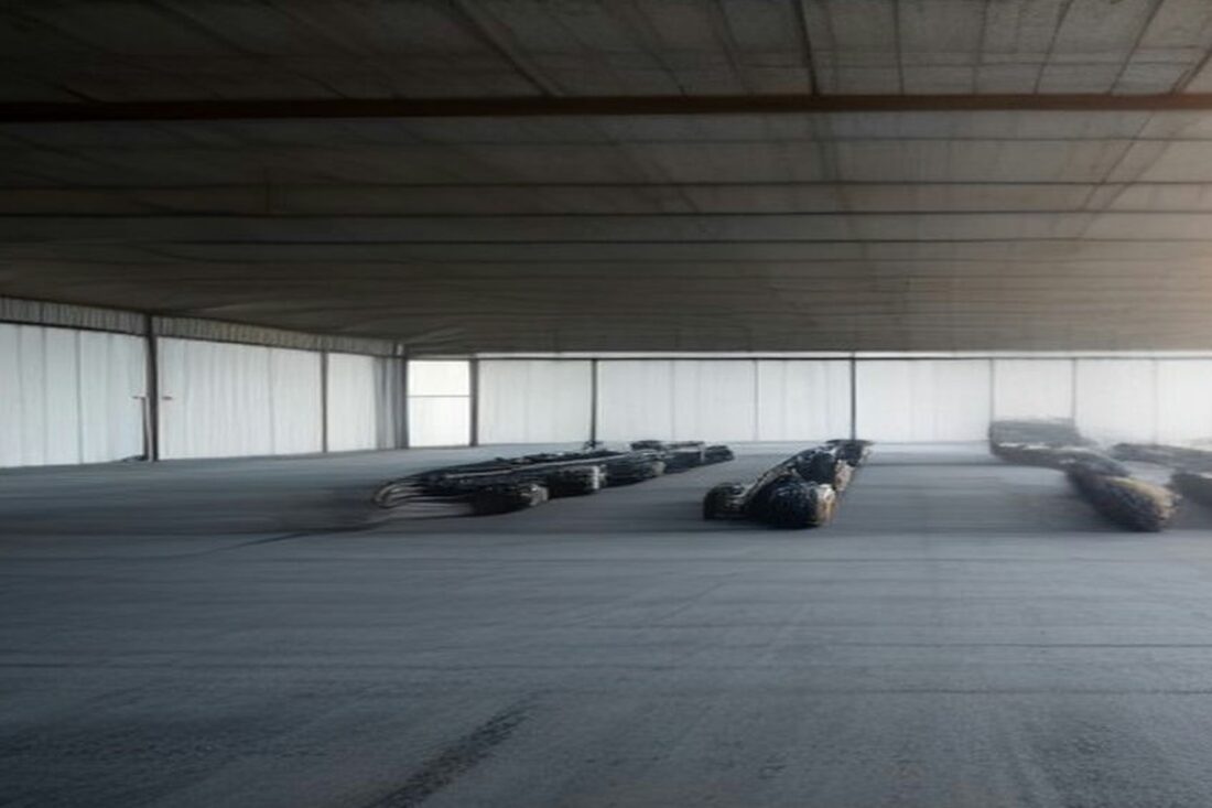 Garaje amplio y vacío con hileras de neumáticos oscuros sobre el piso de concreto y luz blanca que entra por los ventanales