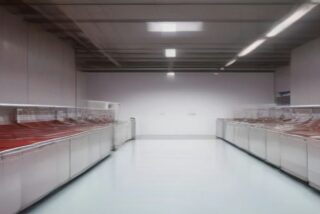 Pasillo de una tienda con congeladores y exhibidores blancos alineados a ambos lados, piso brillante y luz blanca, alusivo al comparador de precios de Profeco para el Buen Fin 2026