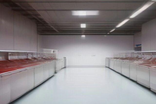 Pasillo de una tienda con congeladores y exhibidores blancos alineados a ambos lados, piso brillante y luz blanca, alusivo al comparador de precios de Profeco para el Buen Fin 2026