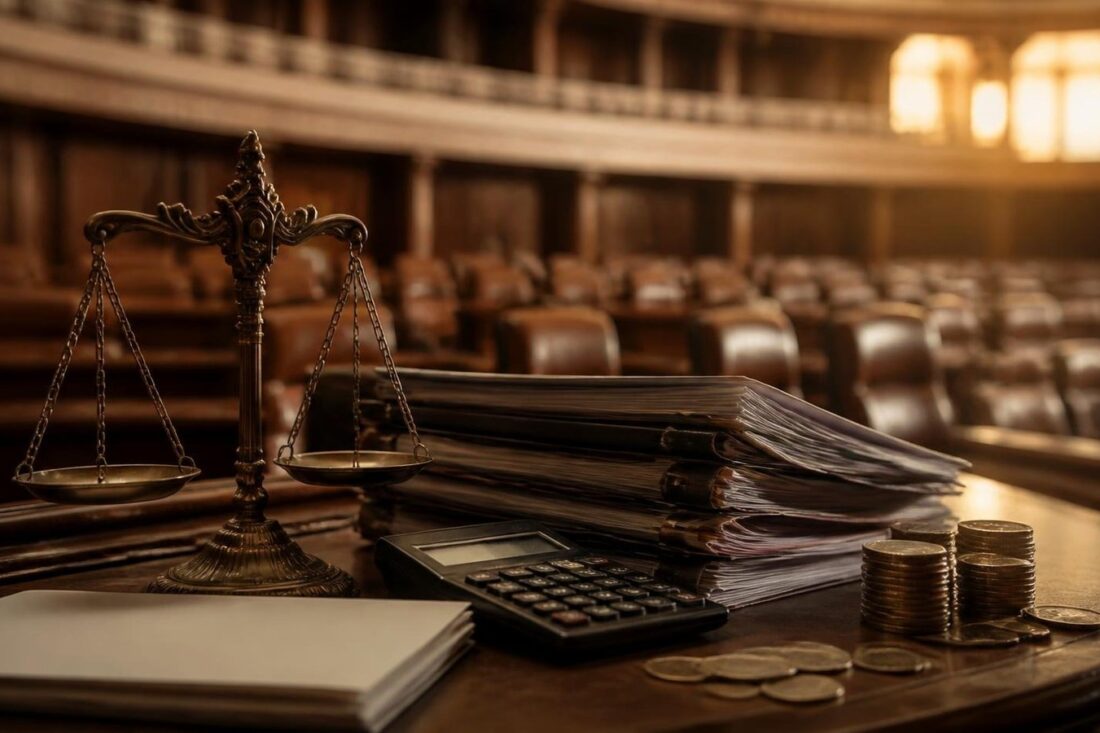 Escritorio de madera en una sala legislativa vacía con una balanza de latón, carpetas de documentos y monedas apiladas, alusivo al debate del presupuesto