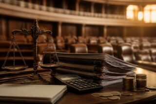 Escritorio de madera en una sala legislativa vacía con una balanza de latón, carpetas de documentos y monedas apiladas, alusivo al debate del presupuesto