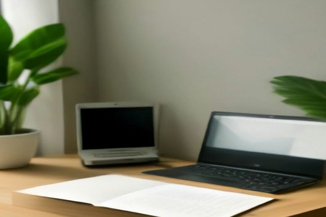 Documento impreso en blanco y laptop con pantalla oscura sobre escritorio de madera con planta, alusivos a la Constancia de Situación Fiscal