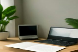 Documento impreso en blanco y laptop con pantalla oscura sobre escritorio de madera con planta, alusivos a la Constancia de Situación Fiscal