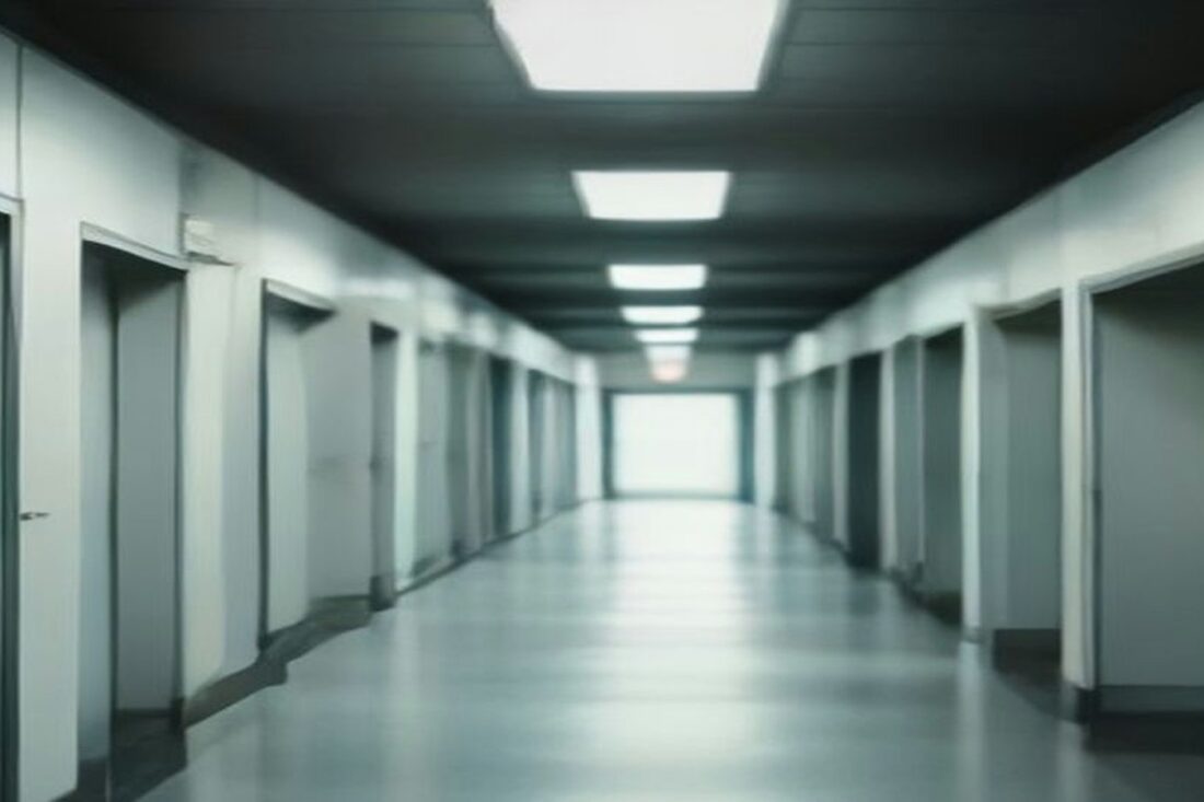 Pasillo vacío de hospital con luz fluorescente y puertas a los lados, ilustración de la jornada de votación sindical, sin personas