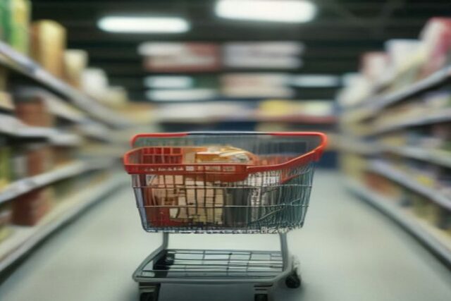 Carrito de supermercado con despensa detenido en un pasillo vacío entre anaqueles desenfocados bajo luz cálida, sin personas ni texto