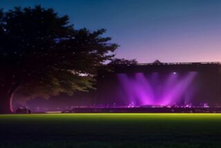 Escenario de un festival de música al aire libre al anochecer, iluminado con luces moradas y una explanada de pasto vacía al frente, alusivo al Corona Capital 2026