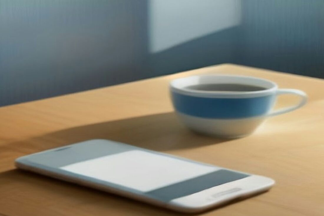 Teléfono inteligente con la pantalla en blanco sobre un escritorio de madera junto a una taza de café, con luz suave de ventana, alusivo a crear la cuenta Llave MX desde el celular