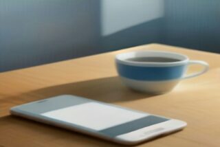 Teléfono inteligente con la pantalla en blanco sobre un escritorio de madera junto a una taza de café, con luz suave de ventana, alusivo a crear la cuenta Llave MX desde el celular