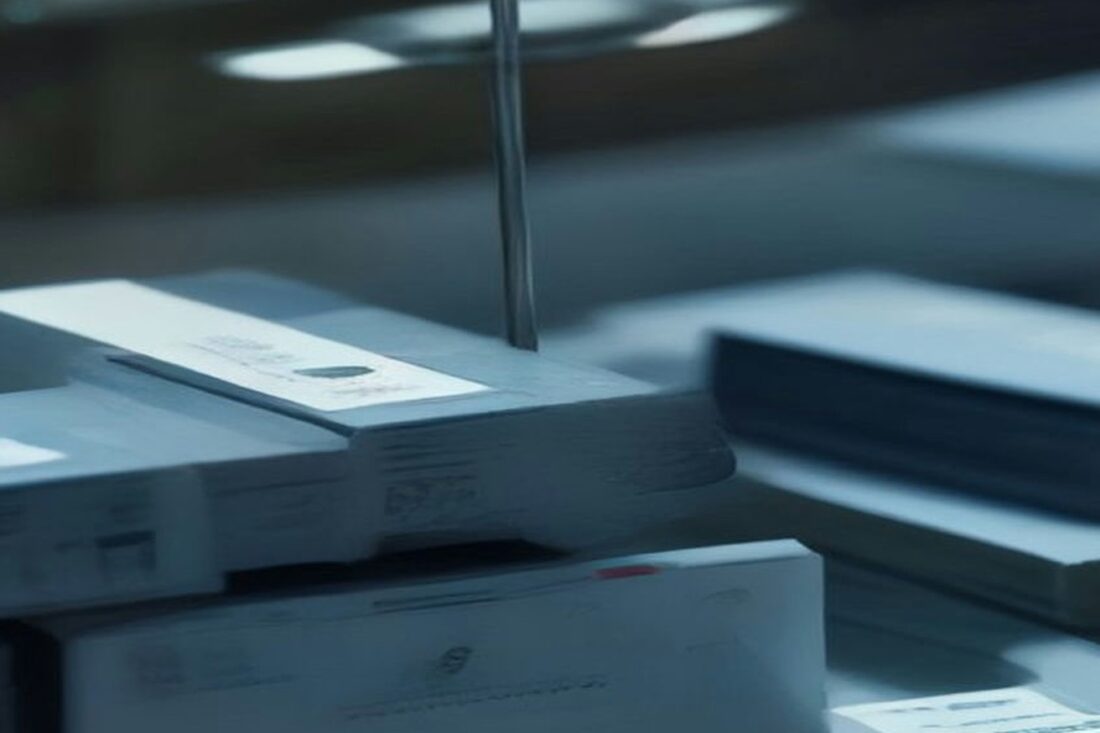 Pilas de tarjetas plásticas en blanco y sobres sobre una mesa industrial con luz fría y fondo desenfocado