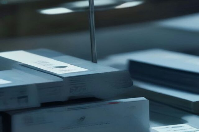 Pilas de tarjetas plásticas en blanco y sobres sobre una mesa industrial con luz fría y fondo desenfocado
