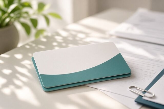 Tarjetas en blanco color blanco y verde azulado sobre un escritorio iluminado junto a documentos con clip y una planta, alusivas a la Credencial del Servicio Universal de Salud