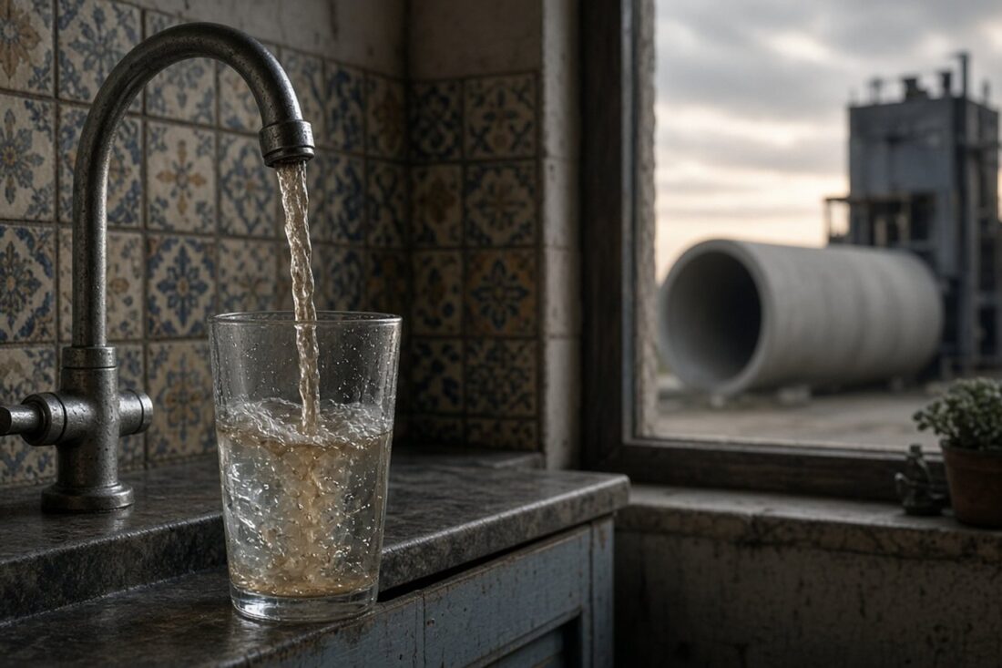 Vaso de vidrio llenándose con agua turbia de una llave en una cocina con azulejos y, al fondo por la ventana, un tubo de concreto y una planta de bombeo, alusivos a la crisis del agua en Guadalajara