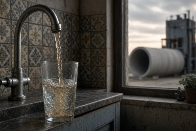 Vaso de vidrio llenándose con agua turbia de una llave en una cocina con azulejos y, al fondo por la ventana, un tubo de concreto y una planta de bombeo, alusivos a la crisis del agua en Guadalajara