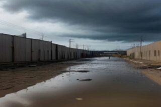 Tuberías dañadas de planta de tratamiento y patio industrial lodoso tras tormenta costera bajo cielo nublado en Baja California, sin personas ni texto.