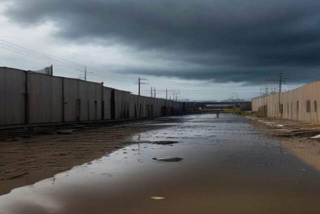 Tuberías dañadas de planta de tratamiento y patio industrial lodoso tras tormenta costera bajo cielo nublado en Baja California, sin personas ni texto.