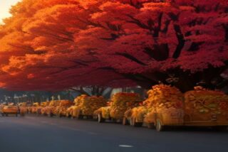 Avenida arbolada con follaje rojo y naranja y una fila de carros alegóricos cubiertos de flores de cempasúchil estacionados a un costado, alusiva al Desfile de Día de Muertos 2026 en la CDMX